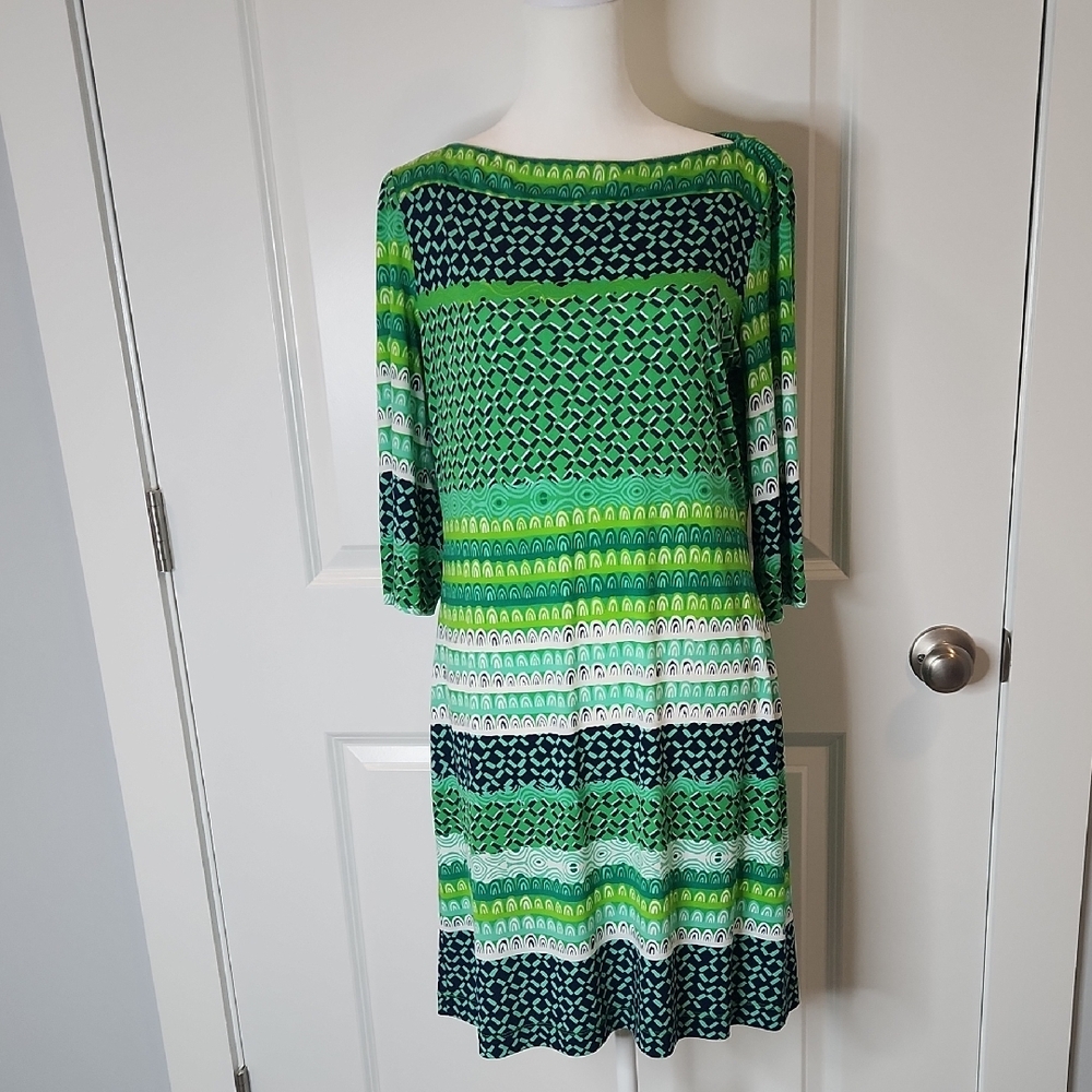 Donna‎ Morgan Green and Blue Dolman Sleeve Midi Dress SIZE: 8